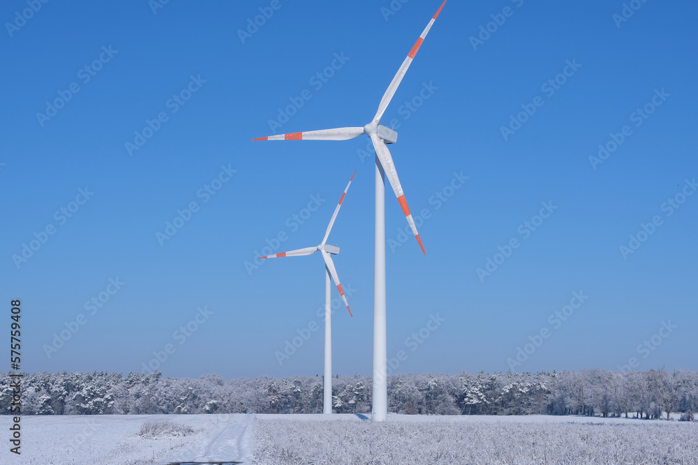 Fototapeta premium Winter field on a bright sunny day with wind turbines.