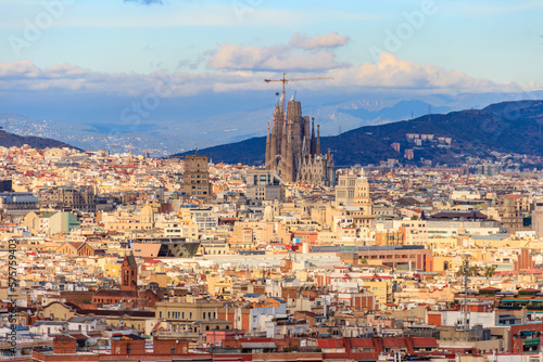 View of Barcelona city from the mountain Montjuic in Catalonia, Spain