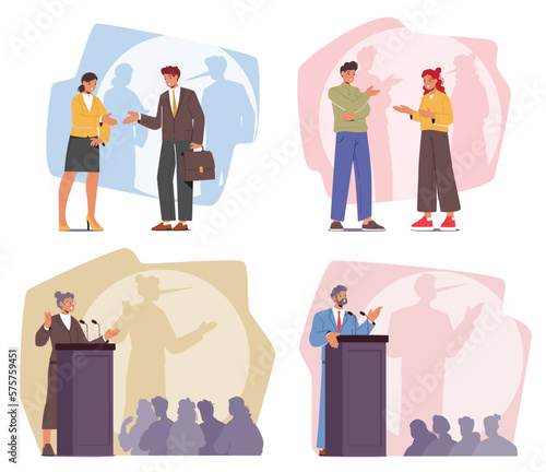 Set of Liar Characters Communicating and Speaking on Tribune with Shade Of Pinocchio On Wall. Concept of Hypocrisy