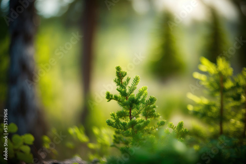 Background with forest plants and moss. Green floral background. Generative AI.