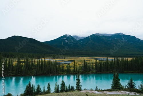 Bow River and Rocky Mountains from Backswamp Viewpoint in Banff National Park