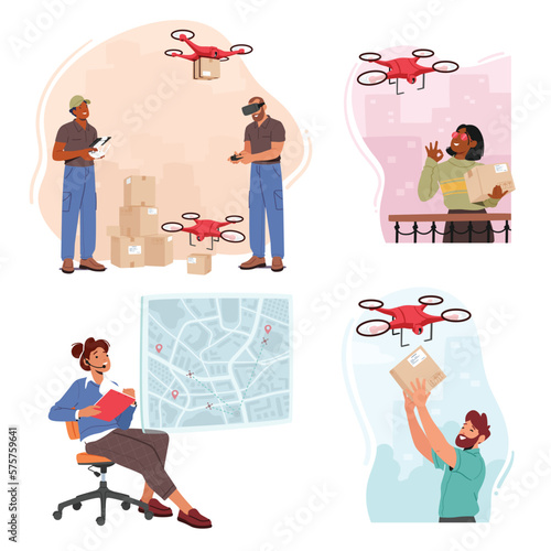 Set Drones Delivery Service, Technology Of Air Transportation Goods To Customers. Fast, Efficient Alternative