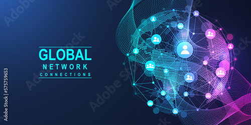 Global network connection concept. Big data visualization. Social network communication in the global computer networks. Internet technology. Business. Science. Vector illustration