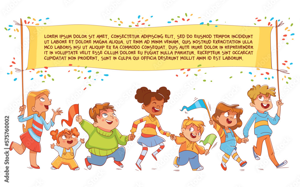 Children hold up a large poster with text. Colorful cartoon characters. Funny vector illustration. Comic style. Isolated on white background. Children set Children hold up a large poster with text. Colorful cartoon characters. Funny vector illustration. Comic style. Isolated on white background. Children set