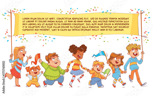 Children hold up a large poster with text. Colorful cartoon characters. Funny vector illustration. Comic style. Isolated on white background. Children set