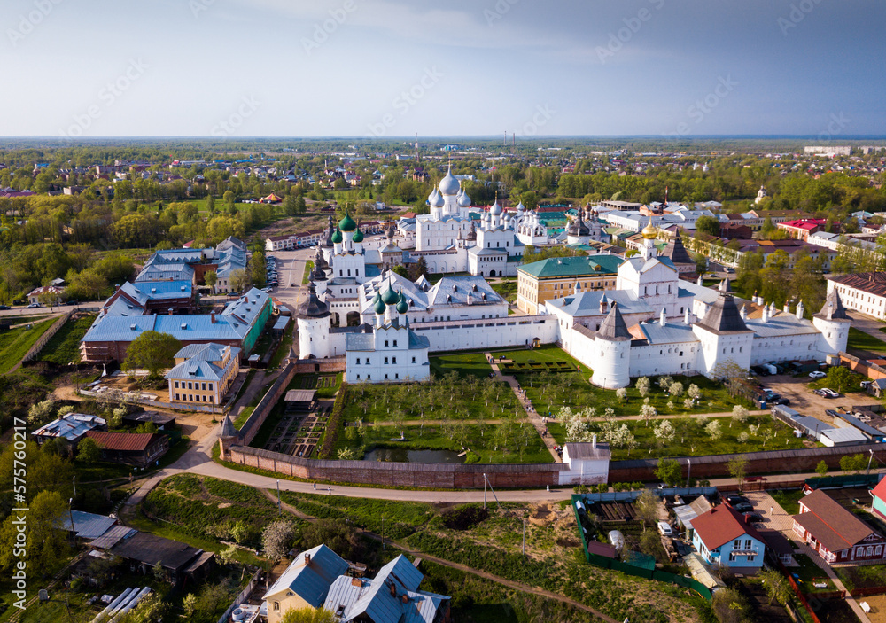 Aerial view of district of Rostov-on-don on riverside with church, Russia