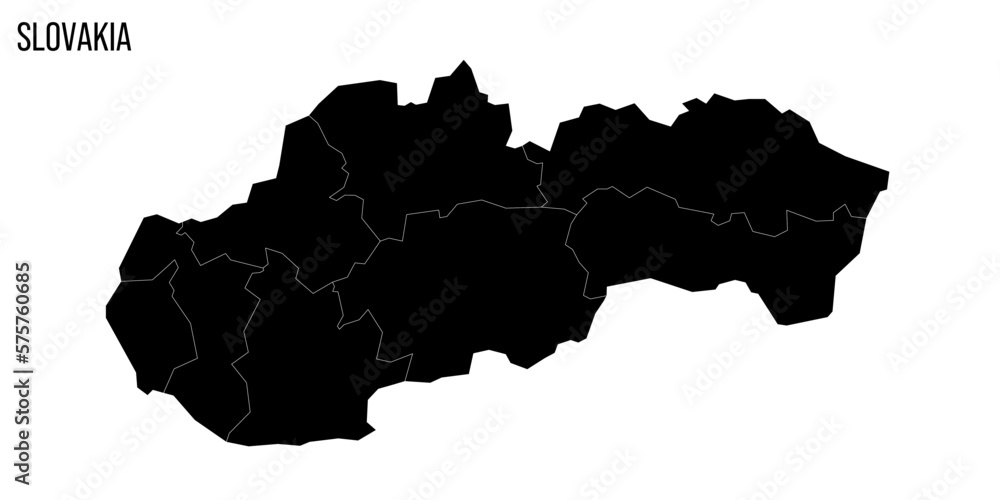 Slovakia political map of administrative divisions - regions. Blank black map and country name title.