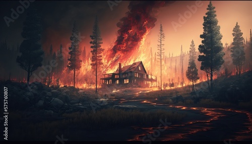 Wildfire catastrophe illustration. Generative AI