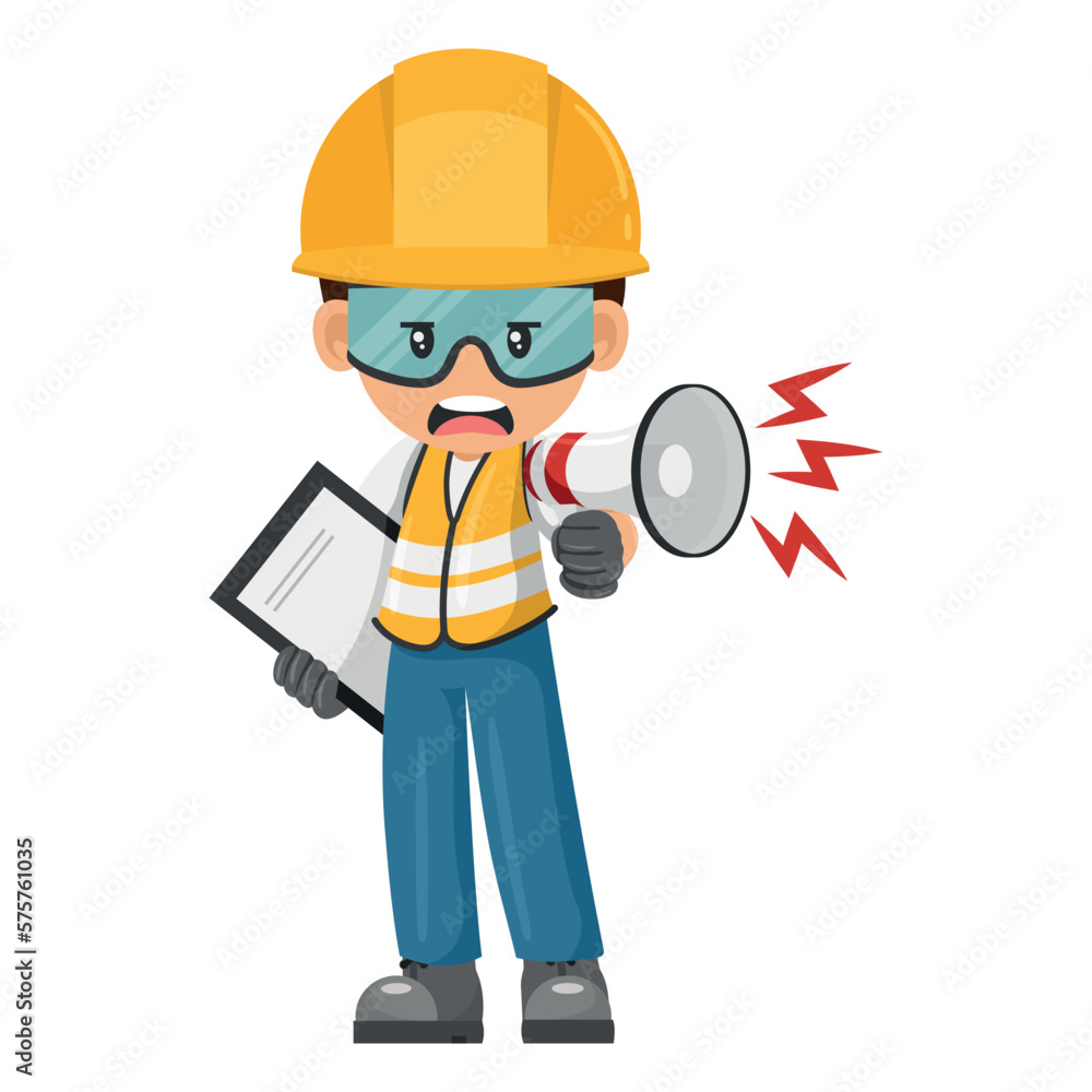 Industrial worker with thumb up making an announcement with a megaphone. Construction supervising engineer with personal protective equipment. Industrial safety and occupational health at work Industrial worker with thumb up making an announcement with a megaphone. Construction supervising engineer with personal protective equipment. Industrial safety and occupational health at work