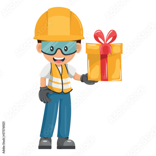 Industrial worker with his personal protective equipment with gift box. Industrial safety and occupational health at work