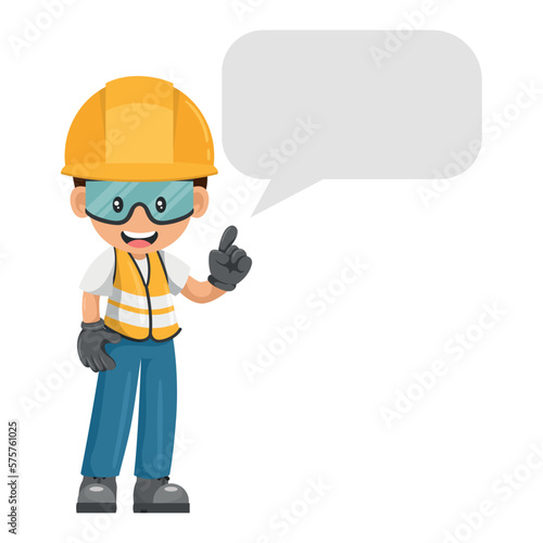 Industrial worker with his personal protective equipment with dialog box vignette with copy space for text for advertising, presentation, brochures. Industrial safety and occupational health at work