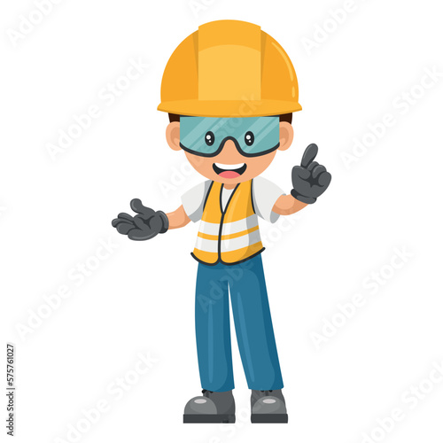 Industrial worker with his personal protective equipment pointing his finger. Expressing an idea and indicating with the index finger. Industrial safety and occupational health at work