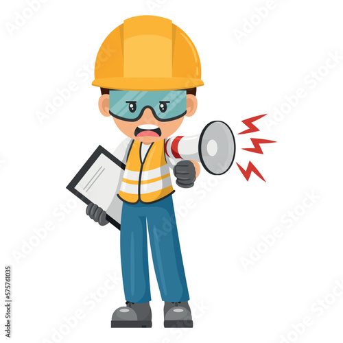 Industrial worker with thumb up making an announcement with a megaphone. Construction supervising engineer with personal protective equipment. Industrial safety and occupational health at work