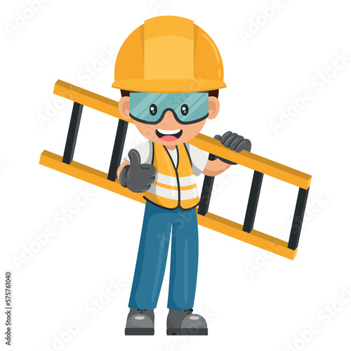 Industrial worker carrying a ladder with thumb up. Supervisor with personal protective equipment. Industrial safety and occupational health at work