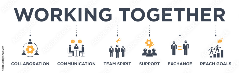 Working together banner web icon vector illustration concept for team management with an icon of collaboration, communication, team spirit, support, exchange, and reach goals Working together banner web icon vector illustration concept for team management with an icon of collaboration, communication, team spirit, support, exchange, and reach goals