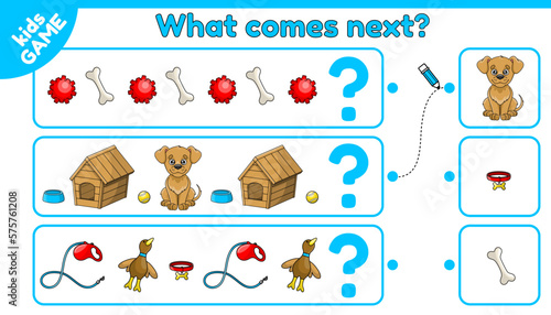 What comes next is. Education children game. Puzzle for the development of logic. Educational worksheet for preschool and school kids. Cartoon cute puppy and dog accessories. Vector illustration.