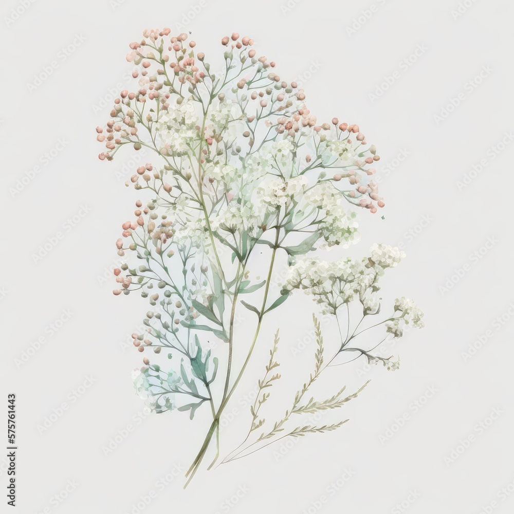 About Watercolor  Gypsophila Babys Breath Flower Floral Clipart, Isolated on White Background.