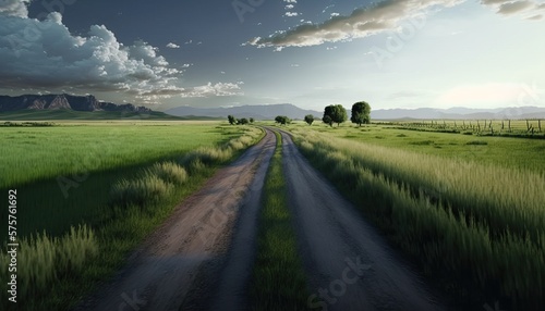 Endless road along green grassland high. Generative AI