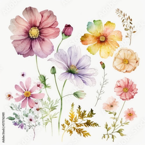 About Watercolor Cosmos Flower Floral Clipart  Isolated on White Background.