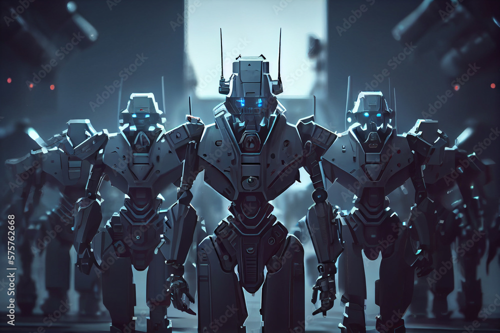 Robot army or group of cyborgs advanced robot soldiers