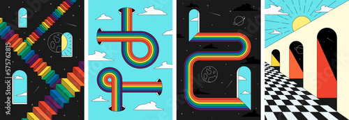 Retro groovy rainbow space stairs art poster set. Sun and moon in window surreal cosmic prints. Vintage boho universe abstract placards. Trendy y2k pop culture banners. Vector geometric eps wallpaper