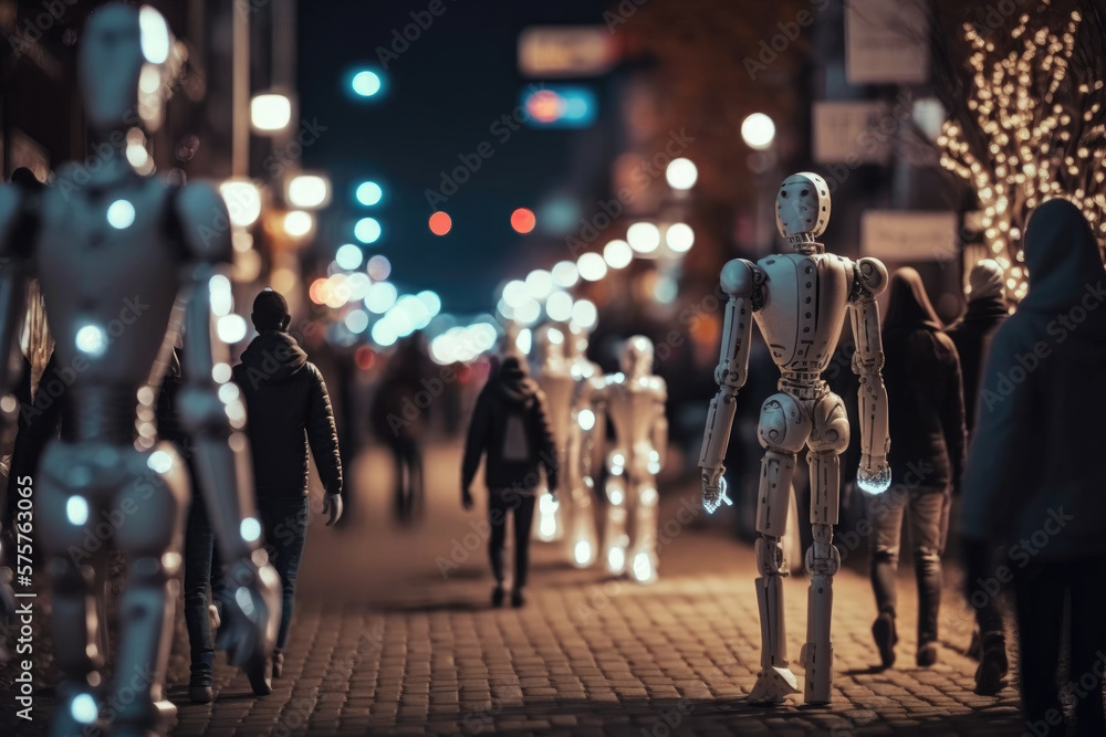 Humanoid robots and people walking together on a street at night, Generative AI