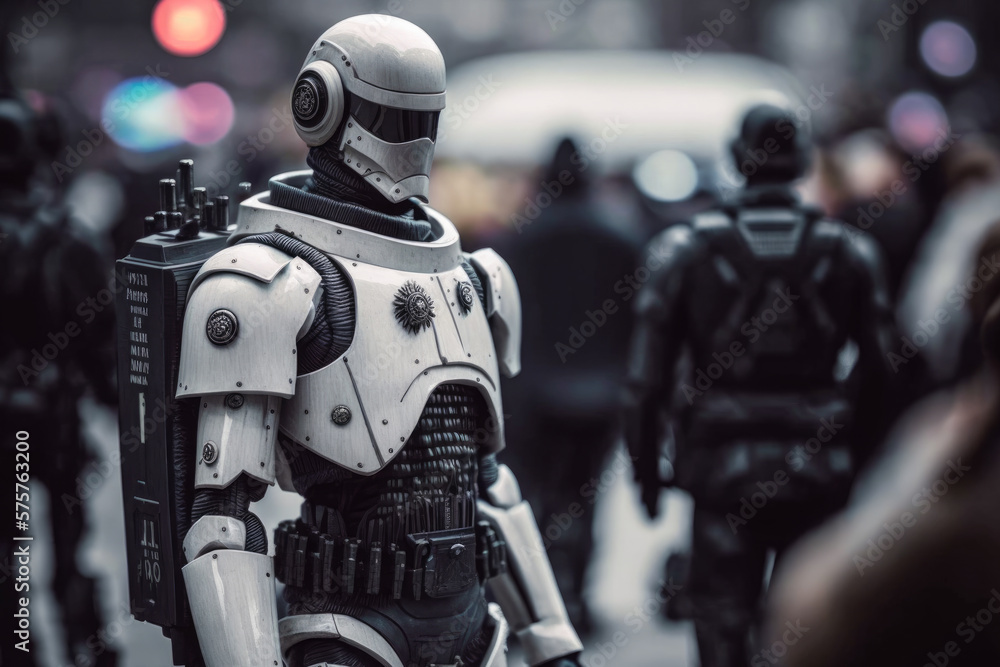 Police oficer robot on a street among people, Generative AI Police oficer robot on a street among people, Generative AI