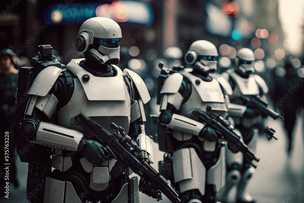 Police oficer robots with weapon on a street, Generative AI Police oficer robots with weapon on a street, Generative AI