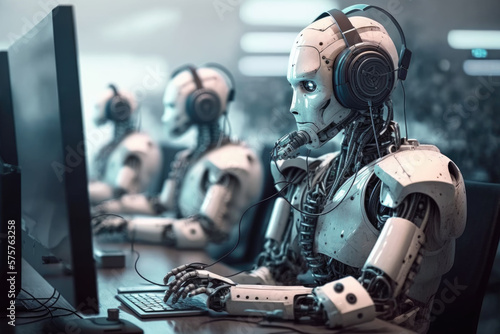 Robots working at computer in a call center, typing, future concept, Generative AI © Nebula Cordata