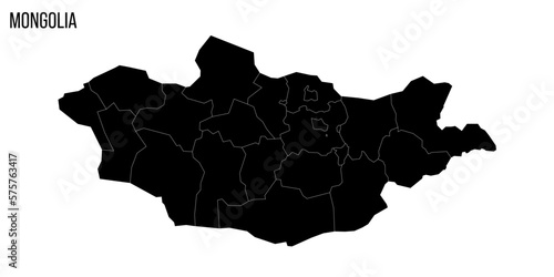 Mongolia political map of administrative divisions - provinces and khot Ulaanbaatar. Blank black map and country name title.