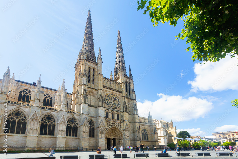Summer view of building of Bordeaux Cathedral, Roman Catholic church in French city Bordeaux