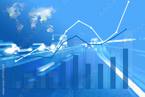 An increasing graph against a background of cars and trucks and a transparent world map