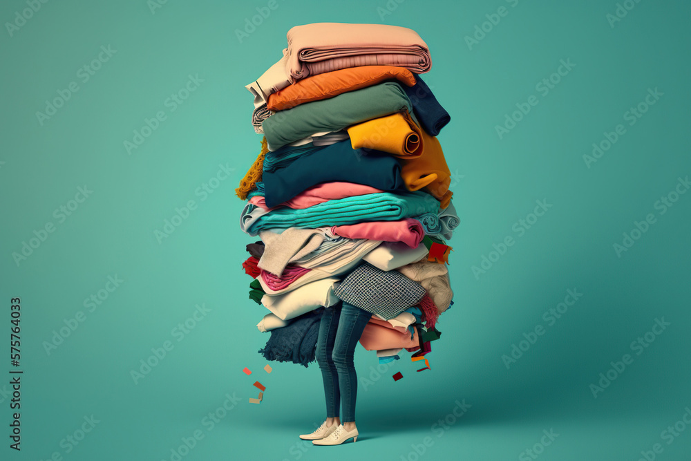 Woman legs stick out from a high stack of clothes, c created with Generative AI technology - obrazy, fototapety, plakaty 