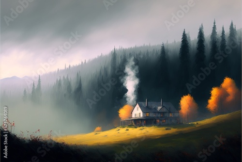 A digital illustration of a cabin in the misty countryside surrounded by evergreen trees. Generative AI>