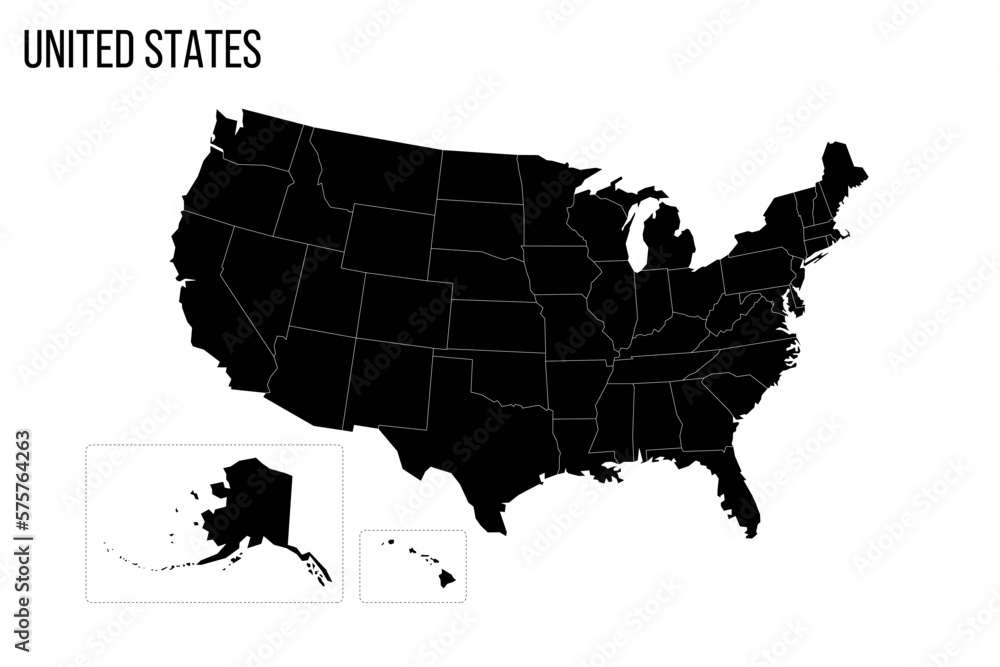 United States of America political map of administrative divisions - states and federal district Washington, D.C. Blank black map and country name title.