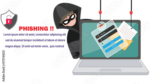 hacker man use note book computer stealing confidential data, personal information,Ransomware, malware, virus, extortion,data,lock.Vector concept Computer security and technology.