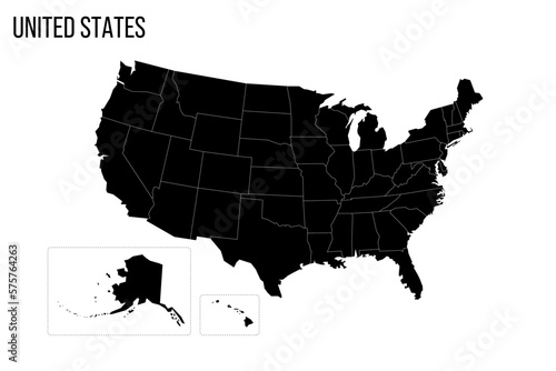 United States of America political map of administrative divisions - states and federal district Washington, D.C. Blank black map and country name title.