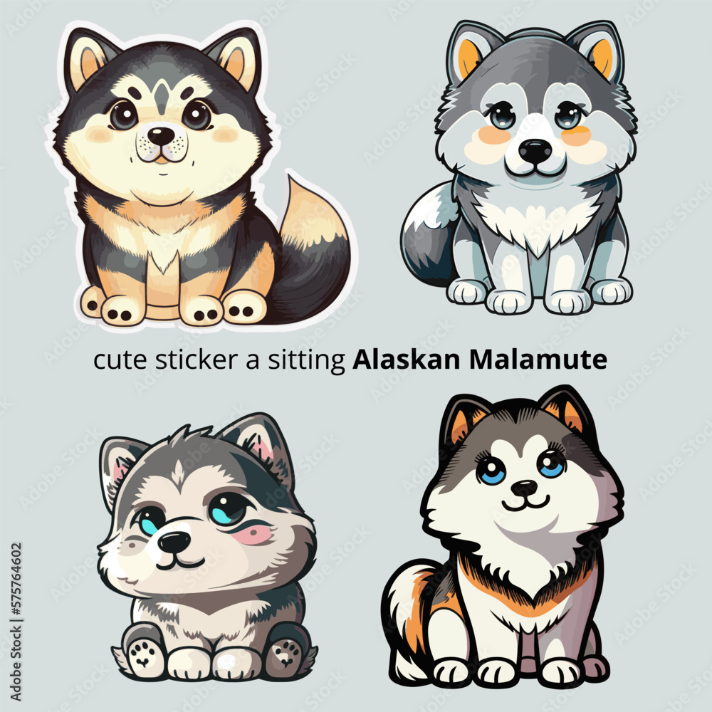 set of animals cute sticker  a sitting Alaskan Malamute