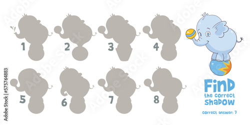 Little Elephant. Find the correct shadow. Find 2 same objects. Educational game for children. Choose correct answer. Colorful cartoon characters. Funny vector illustration. Isolated white background