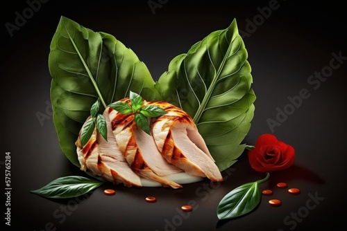 Thinly sliced ​​grilled chicken with tomatoes and basil (Generative AI)