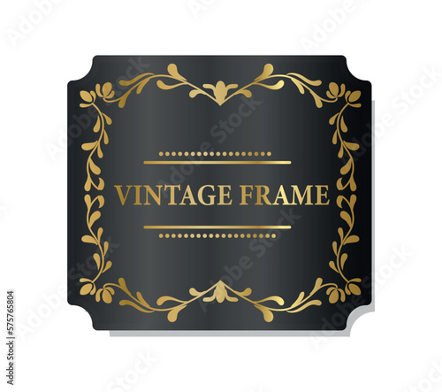 Vintage frame dark gold. Sticker or for alcohol and luxury products, symbol of quality. Template, layout and mock up. Golden ornate and decor. Realistic flat vector illustration © Rudzhan
