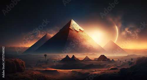 The Pyramids of Giza by night in Egypt with Milky Way Galaxy .AI generated Illustration. photo