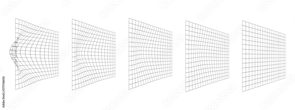 Process of grid distortion. Set of mesh warped textures. Net with convex effect. Geometric deformation. Gravity phenomenon. Bented lattice surface - obrazy, fototapety, plakaty 