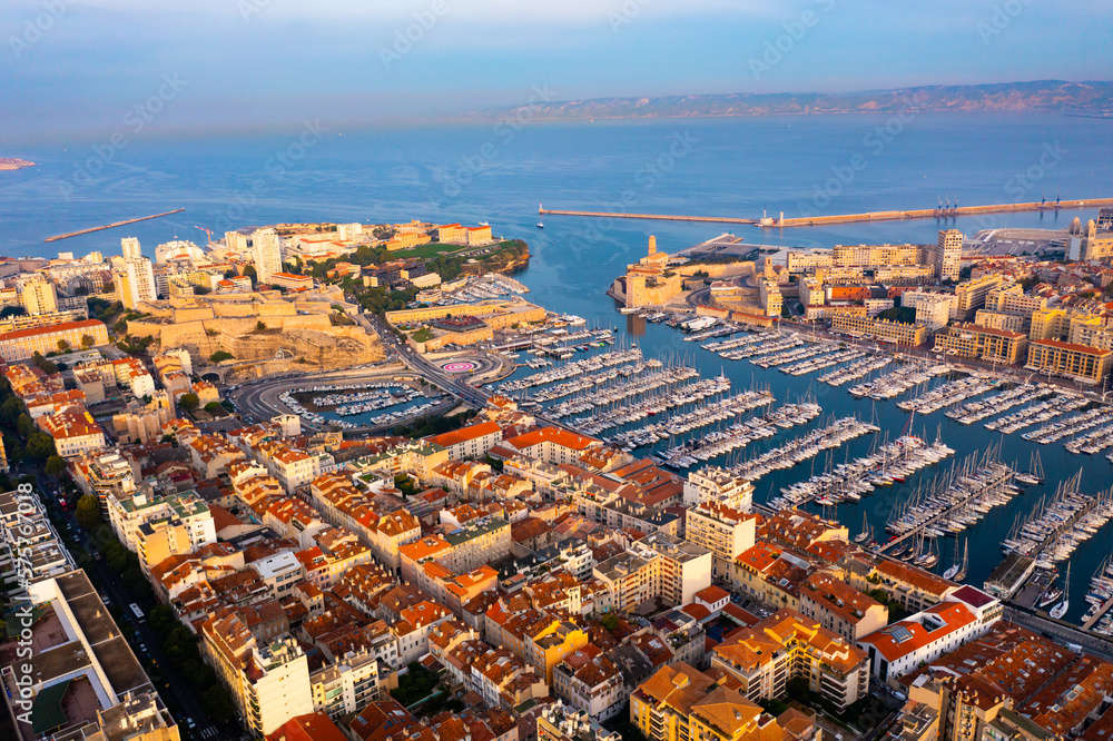 View from drone to Mediterranean seascape with yachts in marina of Marseille. France