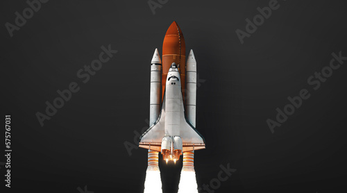 Space shuttle rocket on dark background. Sci-fi Space art wallpaper. Place for text. Spaceship isolated on black background. Elements of this image furnished by NASA