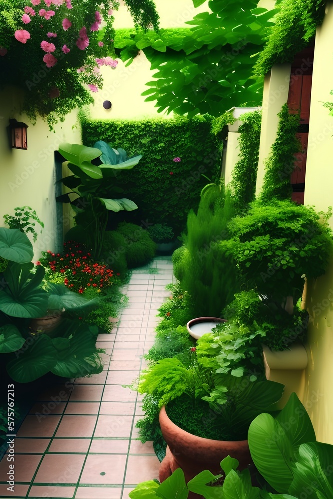 Fototapeta premium Patio with a lot of green plants and flowers. Cozy home flower garden in the courtyard of the guest house - generative ai