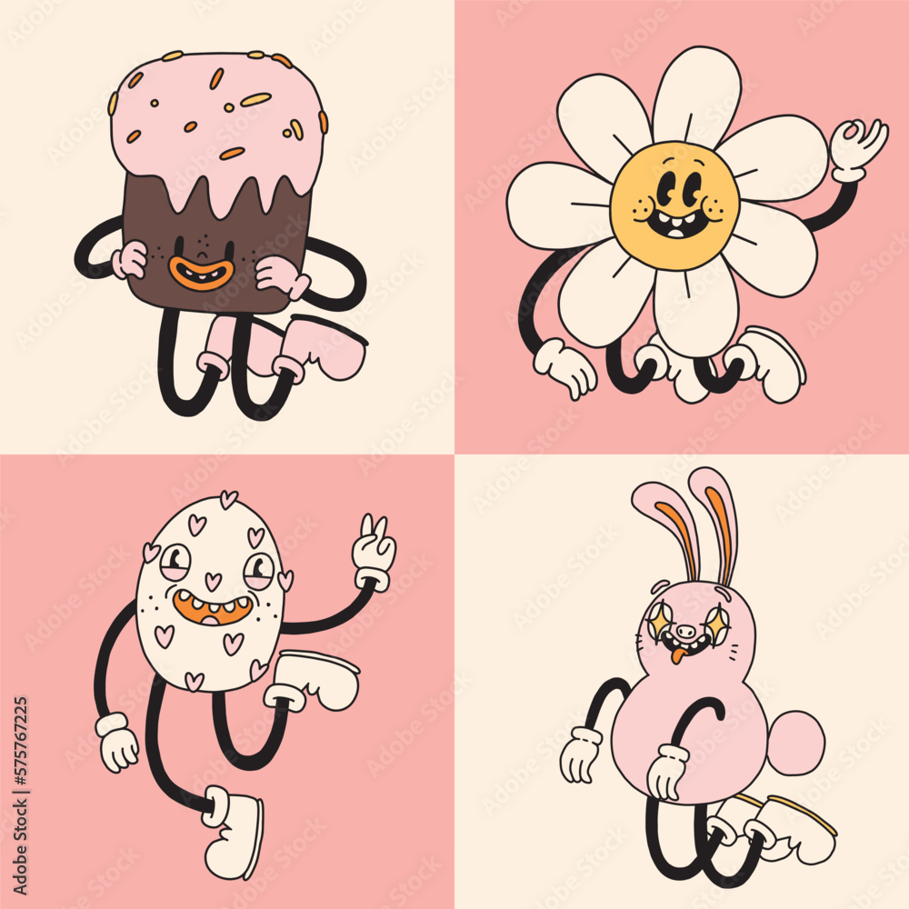 Set of Groovy Easter character mascot. Spring avatar illustrations in retro cartoon style. Cute egg, bunny, chick, daisy flower. Different emotions. Happy Easter card. Hand drawn isolated vector colle Set of Groovy Easter character mascot. Spring avatar illustrations in retro cartoon style. Cute egg, bunny, chick, daisy flower. Different emotions. Happy Easter card. Hand drawn isolated vector colle