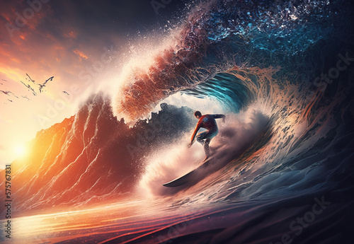 Surfer on Blue Ocean Wave at Sunset. AI generated Illustration.