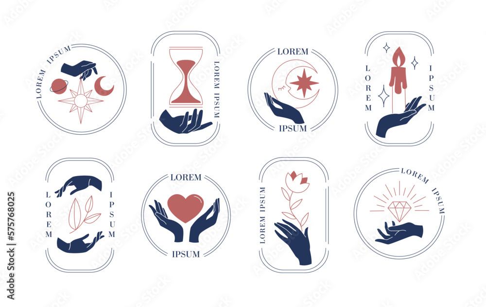 Fototapeta premium Bohemian logo silhouettes set. Collection of minimalistic graphic elements for website. Mysticism, magic and witchcraft, esotericism. Cartoon flat vector illustrations isolated on white background