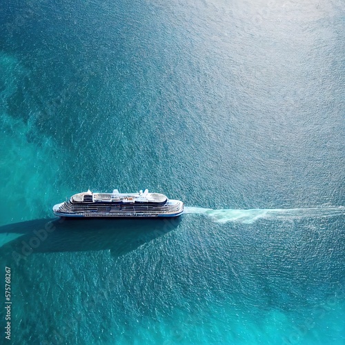 Aerial view beautiful large cruise ship at sea, Big blue passenger cruise liner ship vessel sailing across the Gulf of Thailand go to the beach. © Diego